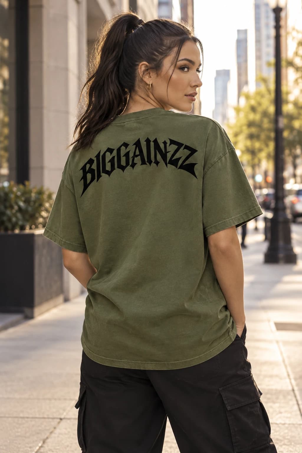 BIGGAINZZ No Dayz Off Tee (Olive) — worn, back