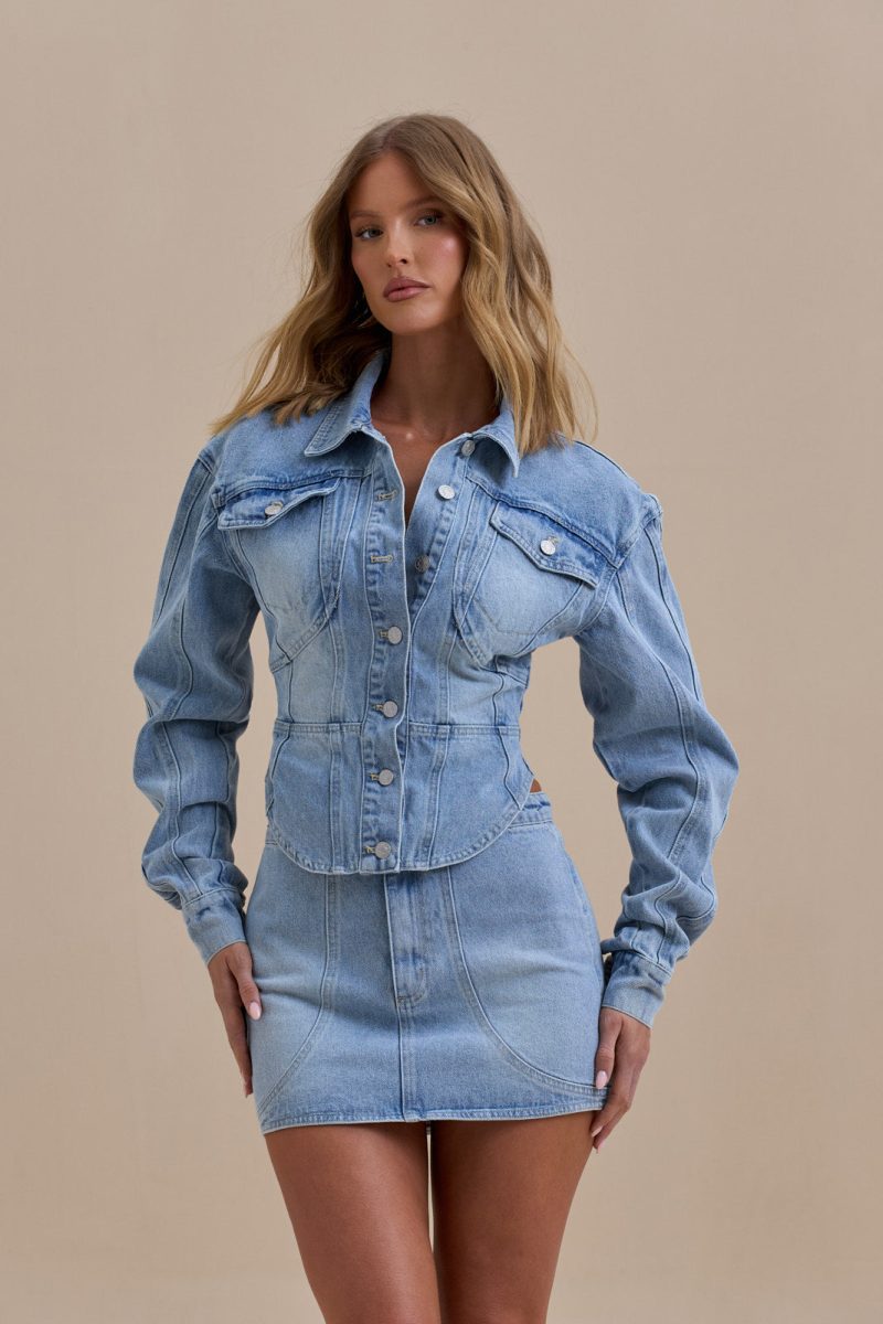 ALIX BUTTON UP CORSET JACKET | MID WASH DENIM